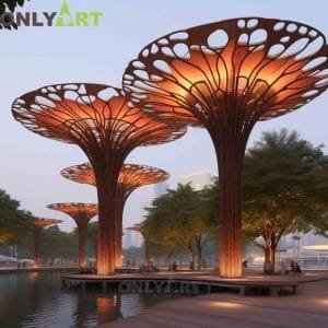 Large Corten Steel Tree Sculpture With Light