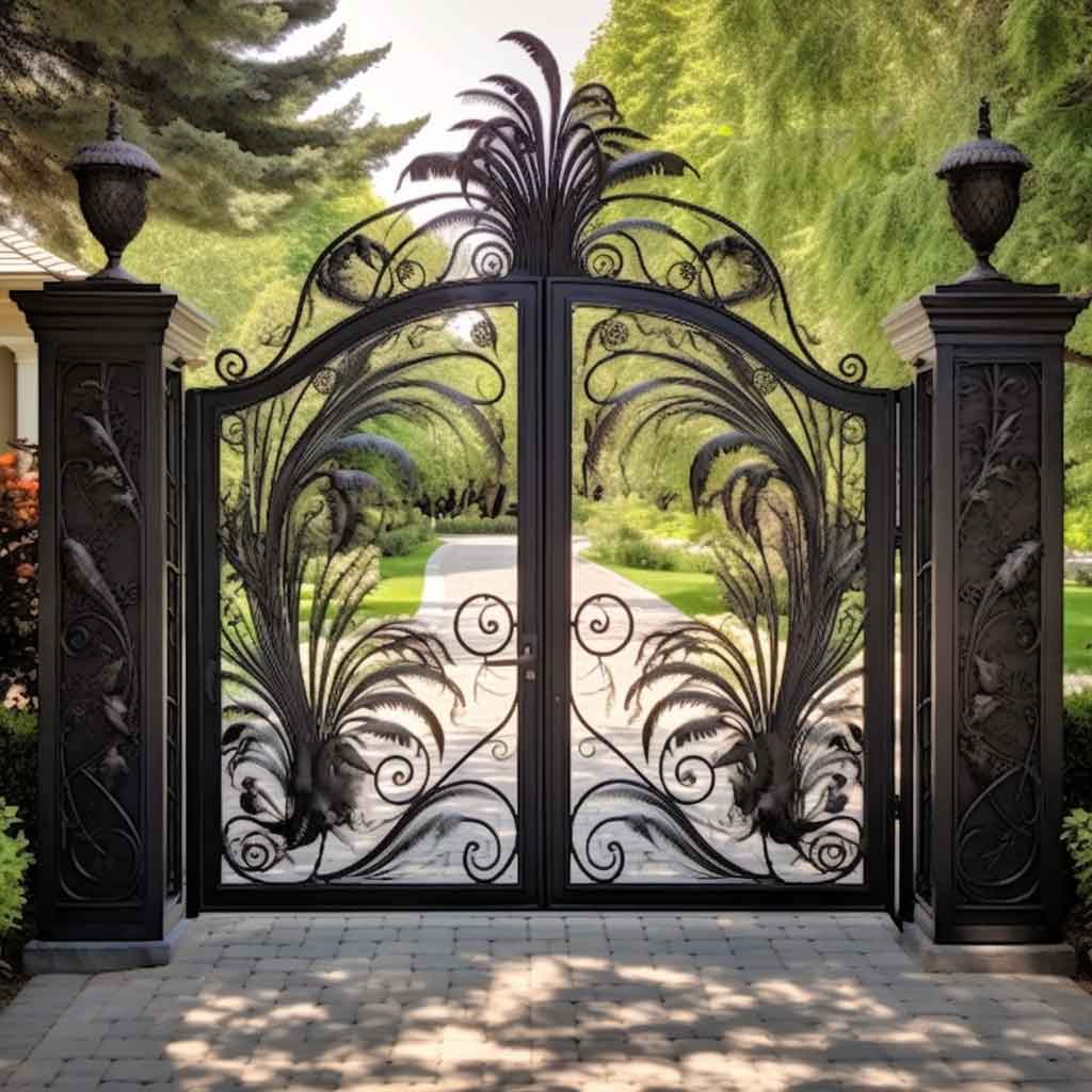 sculpture double driveway front entry wrought iron gate